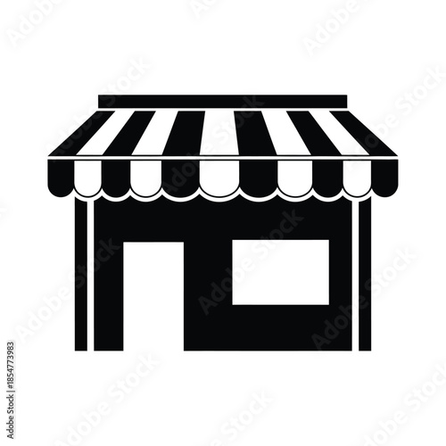 a simple black and white illustration depicts a storefront with a striped awning and a rectangular entrance suggesting a retail space
