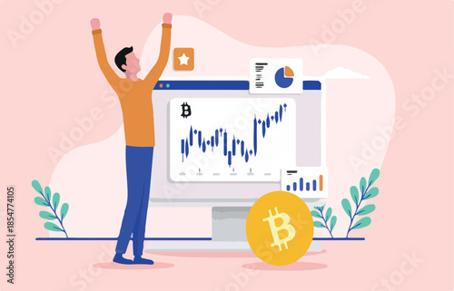 Man celebrating Bitcoin price going up - Trader person cheering in front of crypto currency chart on computer screen. Flat design vector illustration
