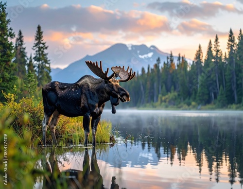 moose by lakeside at sunrise