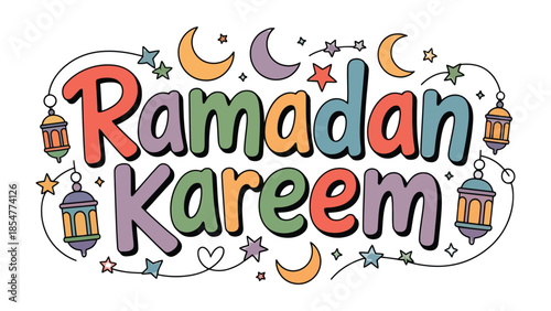 Ramadan Kareem: A vibrant and colorful illustration of the greeting Ramadan Kareem, featuring a combination of festive elements like lanterns, crescent moons, and stars.