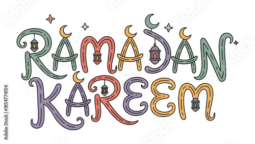Ramadan Kareem: A vibrant illustration of Ramadan Kareem with a festive design, featuring colorful lettering and decorative elements, celebrating the holy month of Ramadan.
