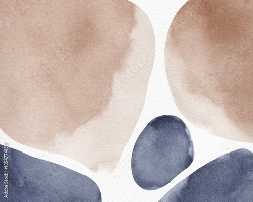 An enchanting abstract watercolor composition featuring organic shapes in earthy tones of muted brown and deep indigo blue, gracefully arranged on a textured white paper background, evoking a sense 