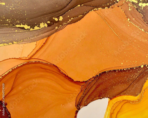 A luxurious and vibrant abstract alcohol ink painting, showcasing a stunning interplay of warm earthy tones including rich oranges, deep browns, and shimmering gold accents, creating an exquisite 