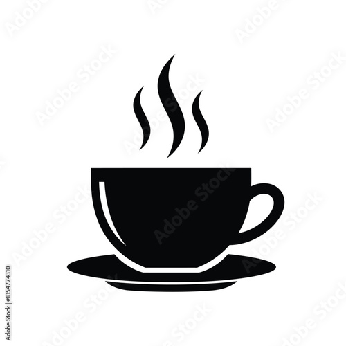 a simple black and white illustration depicts a steaming cup of coffee on a saucer representing warmth and refreshment