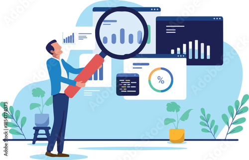 Man holding a large magnifying glass to analyse various data charts and statistics, representing market research, financial analysis, or business intelligence. Flat design vector illustration.