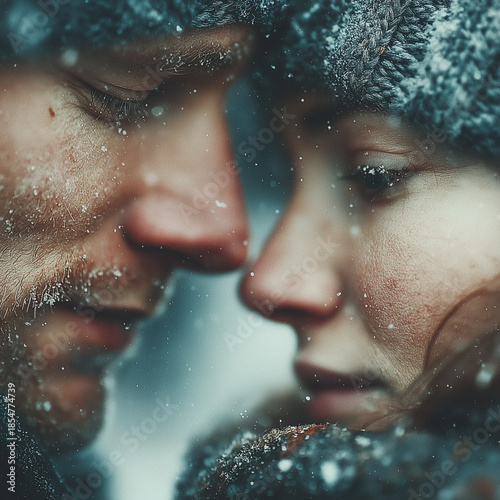 Winter close up portrait of man and woman, frosty faces with snow, tenderness, cold mood, emotional intimacy.
