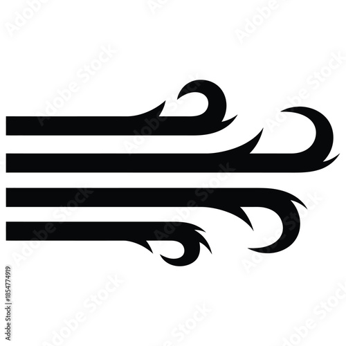 a simple black and white graphic depiction of wind currents with curved lines showing air movement and direction on a white