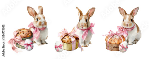 Set of watercolor Easter bunnies with pink bows and Easter panettone. White bunnies decorated with pink bow. Easter and spring elements. Vector illustration.