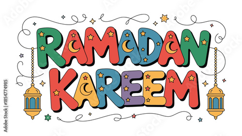 Ramadan Kareem: A vibrant illustration showcasing Ramadan Kareem text in an artful design, representing the spirit of the Islamic holy month, with decorative elements.