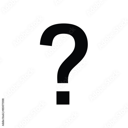 A simple bold black question mark dominates a stark white background representing inquiry mystery and the search for answers visually