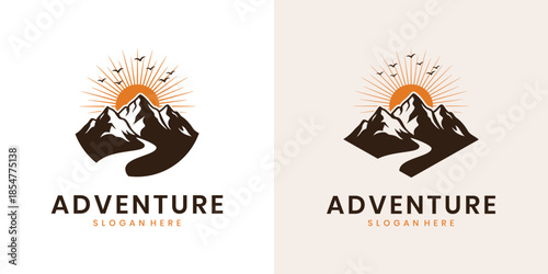 Mountain peak and sunset logo design. Outdoor adventure