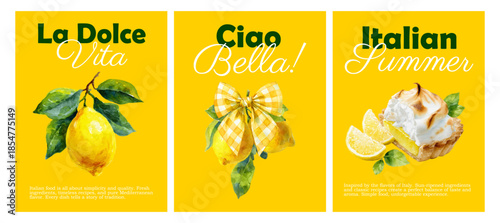 Watercolor Italian summer posters featuring lemon tarts, Mediterranean desserts, and vintage Amalfi coast illustrations with decorative bows and ornamental frames