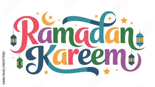 Ramadan Kareem: A vibrant and colorful illustration conveys the warm wishes of Ramadan Kareem. The text is artistically arranged and beautifully illuminated with festive elements.