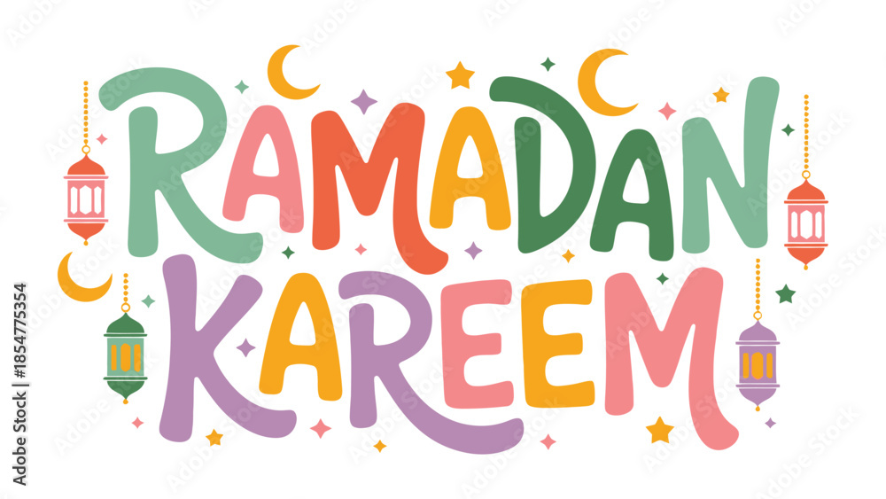 Fototapeta premium Ramadan Kareem Illustration: Festive and colorful, this illustration of Ramadan Kareem displays cheerful imagery, with elements such as lanterns, crescent moons, and stars.
