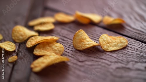 Crispy Potato Chips on a Rustic Wooden Surface: A Delicious and Appetizing Snack