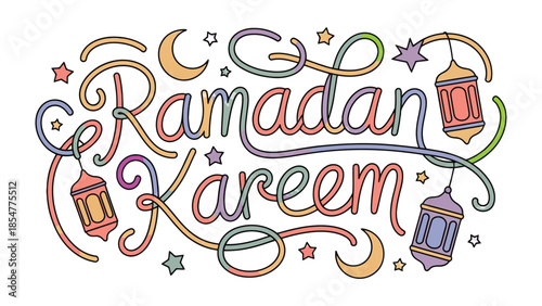 Ramadan Kareem: Celebrate the spirit of Ramadan with this festive design, featuring elegant calligraphy, crescent moons, stars, and lanterns, conveying a message of blessings, peace, and togetherness.