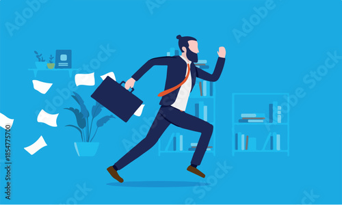 Man running in office - Modern businessman rushing out of office with papers flying from briefcase. Missing deadline, work related stress, late for meeting or work concept. Vector illustration