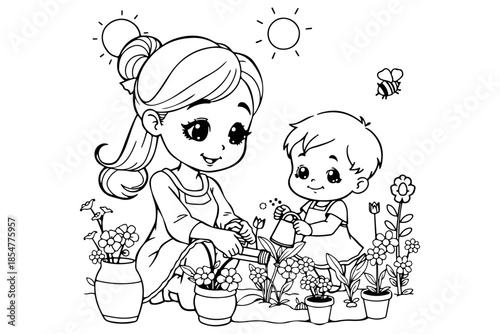 Cute cartoon mother and child watering plants in a garden on a sunny day, illustrating family bonding and outdoor activities with a bee flying nearby