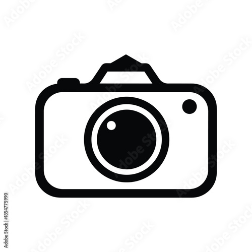 a simple black and white illustration depicting a classic camera outline with a prominent lens and viewfinder visible clearly identifiable