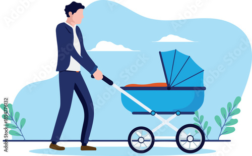 Man with baby carriage - Vector character walking with little boys pram outdoors. Flat design vector illustration with white background