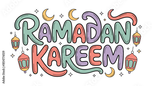 Ramadan Kareem Illustration: Colorful illustration celebrating the holy month, featuring elegant calligraphy, crescent moons and lanterns, embodying the spirit of Ramadan.