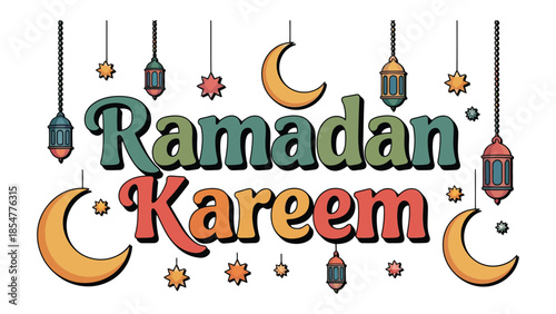 Ramadan Kareem Illustration: Colorful illustration celebrating the holy month of Ramadan with crescent moons, lanterns and star.