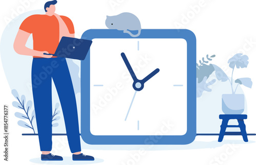 Man watching time - Person standing holding computer looking at clock as time goes by. Work hours and deadline concept, flat design cartoon illustration with white background.