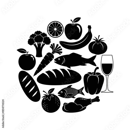 Healthy food and ingredients arranged in a circle for cooking concept