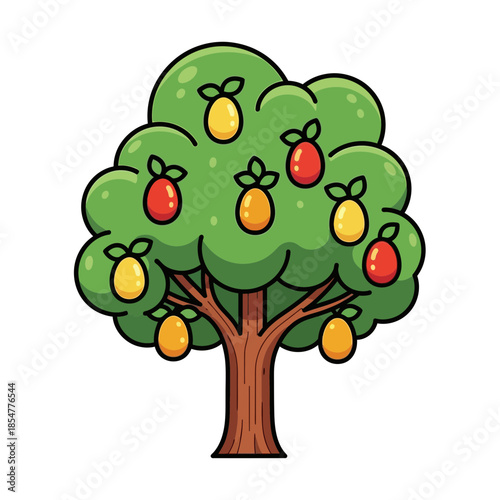 Cartoon fruit tree with colorful mangoes or pears in a lush garden
