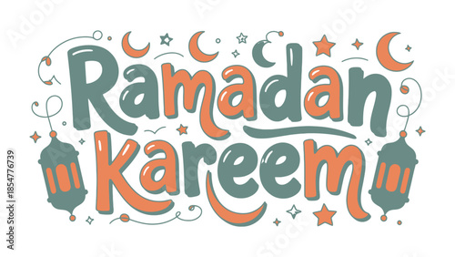 Ramadan Kareem: A festive and colorful illustration celebrating Ramadan Kareem, featuring the traditional greeting in elegant lettering, adorned with crescent moons, stars, and lanterns.