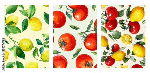 Watercolor Italian summer pattern with lemons, tomatoes and Mediterranean patterns. Vintage Amalfi Coast design with bright citrus fruits and coastal motifs for watercolor prints.