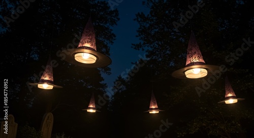 Enchanting Night Lights: Spooky illuminated witch hats add a whimsical touch to the nighttime scene, casting a warm glow amidst the darkness of a forest.