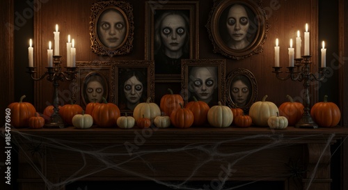 Haunted Halloween Display: An eerie scene of candlelit portraits, pumpkins, and cobwebs creating a spooky atmosphere for the All Hallow's Eve.