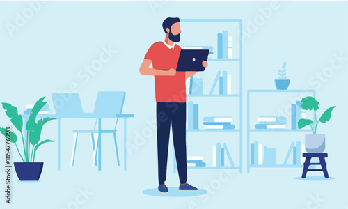 Man with laptop at work - Developer computer worker standing in office alone holding PC computer in hands. Flat design vector illustration