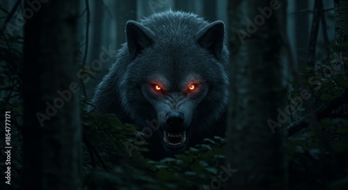 Mystical Wolf in Forest: A majestic wolf with piercing red eyes, emerges from the shadows, creating a compelling composition that captures the primal power of the wild.