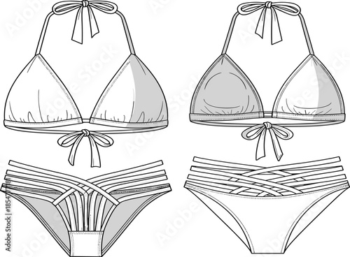Technical fashion illustration of triangle bikini set with strappy bottoms showing front and back views line art for swimwear design