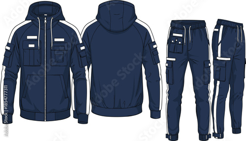 Technical fashion illustration of hooded utility tracksuit with cargo pockets jacket and jogger pants front and back views