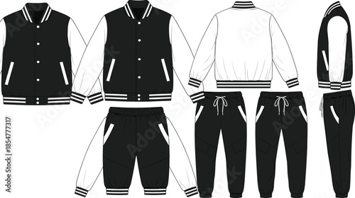 Technical fashion illustration of varsity jacket and jogger pants tracksuit set with front back and side views vector flats