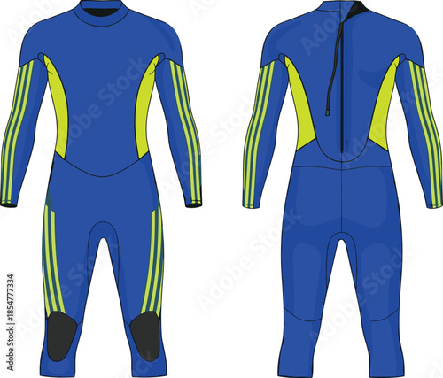 Technical fashion illustration of full body wetsuit with long sleeves showing front and back views color vector flats