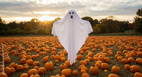 Pumpkin Patch Ghost: A whimsical, ethereal ghost figure drifts serenely amid a sea of vibrant pumpkins at a pumpkin patch. Capturing the spirit of Halloween with a playful touch.