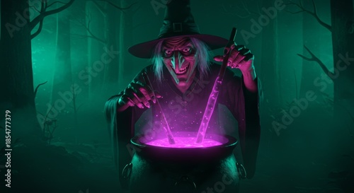 Witch's Potion: A chilling image captures a spooky witch, shrouded in darkness, stirring a bubbling cauldron of eerie potion within a shadowy, mysterious forest.