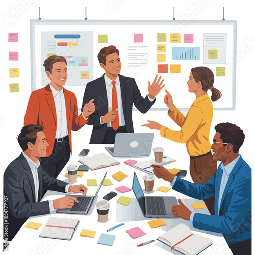 Diverse team collaborating in a dynamic business meeting with ideas on the whiteboard