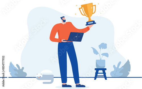 Man with trophy - Person with computer standing holding award after being the best worker in office. Flat design cartoon vector illustration with white background.