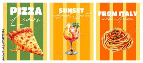 Vintage Italian poster with pizza and pasta illustrations, Aperol glass, Mediterranean menu design, summer watercolor food elements, Amalfi coast motifs.Summer posters with Italian menu.