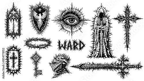 Gothic and occult symbol set with dark spiky forms and pixel-based texture