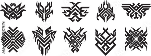 Collection of abstract tribal ornamental graphic symbols and icons for design elements
