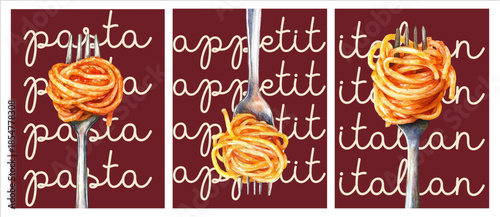 Poster with spaghetti and menu with watercolor Mediterranean elements. Poster with spaghetti wrapped around a fork. Italian coast food, with summer Amalfi aesthetic.