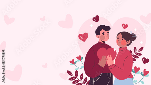 Romantic illustration of a couple sharing a heart on a pink background with floral accents, symbolizing love and affection