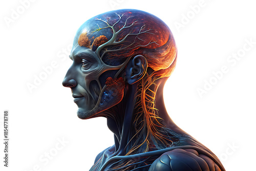 Anatomical profile view of a head and neck, showcasing intricate detail of the brain,