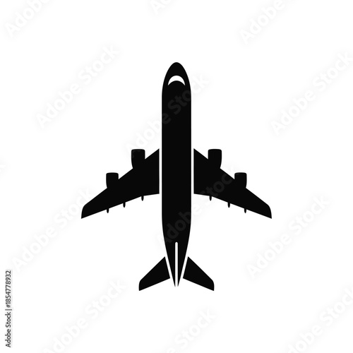 a simple black silhouette of a passenger airplane is shown from directly above highlighting its wings and tail high quality